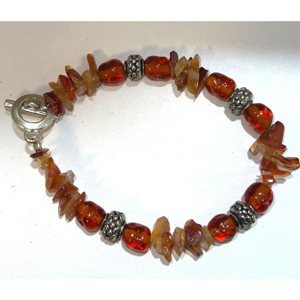 Amber Glass Bead And Silver Bracelet -- 7.25"